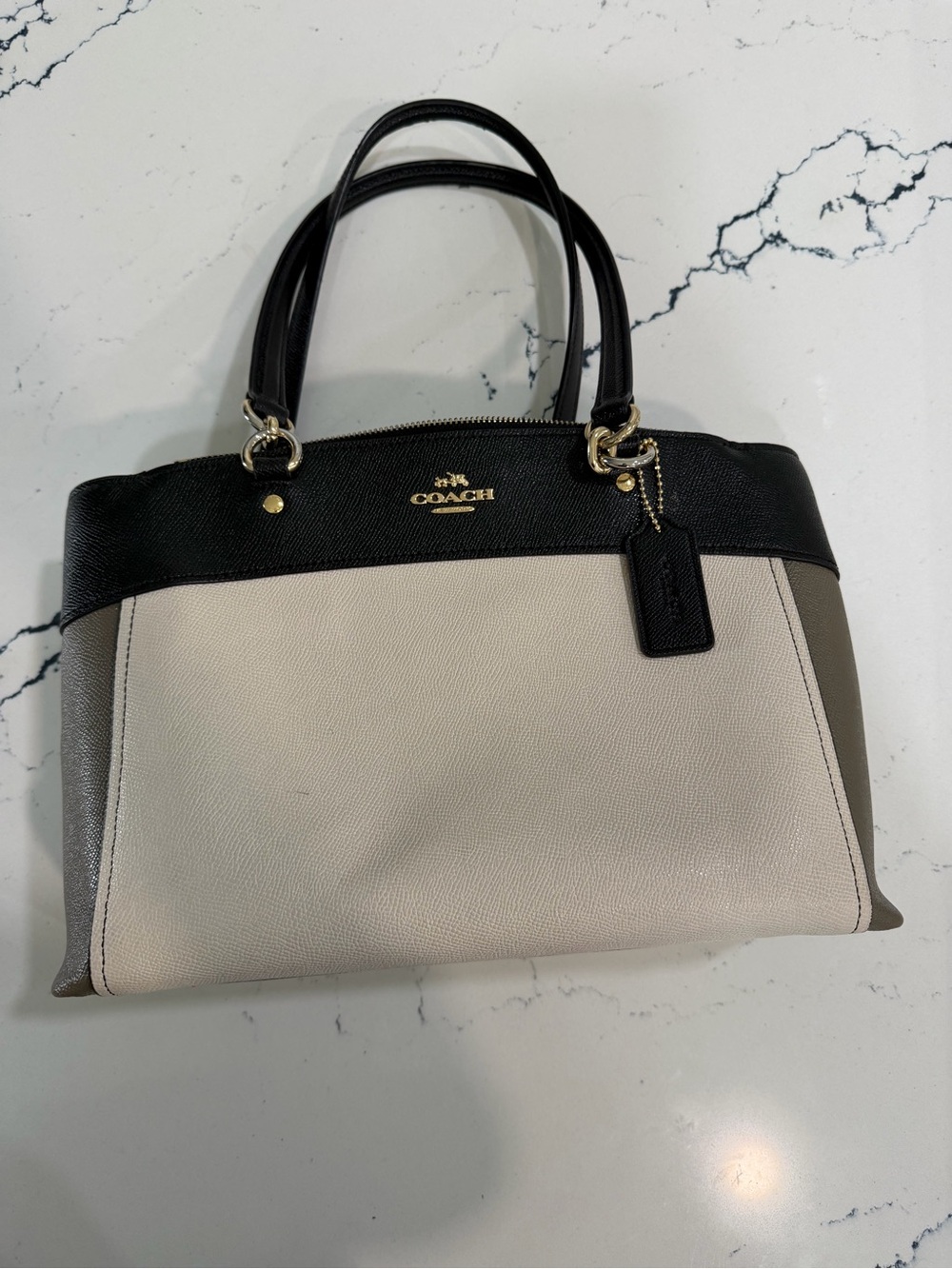 Coach Black Ivory Leather Colorblock Triple Compartment Satchel Purse